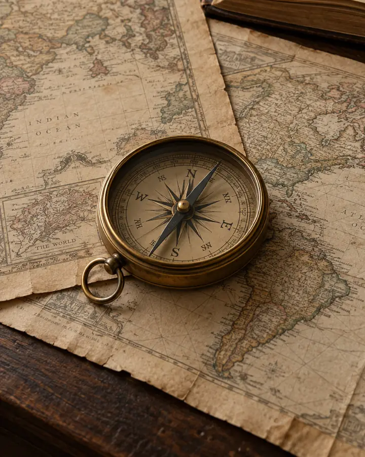 A brass compass resting on an antique world map spread across a wooden desk